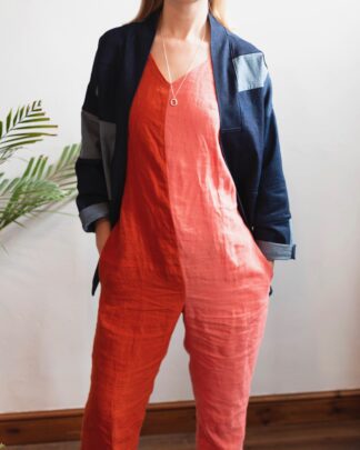 linen jumpsuit with colour blocking design in pink and orange