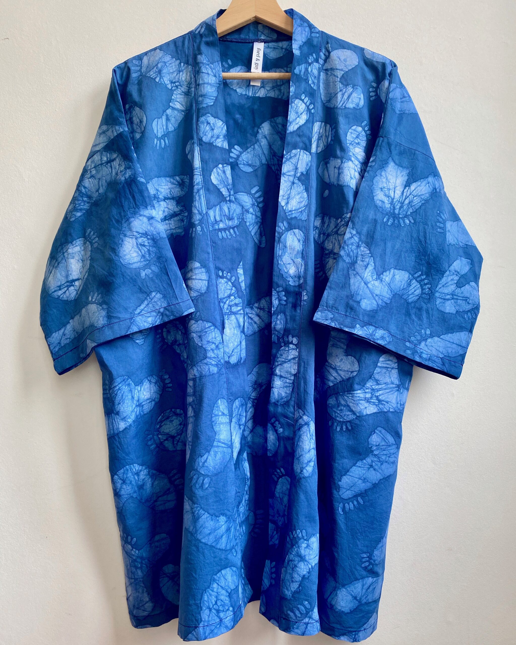 hand painted blue batik jacket in organic cotton