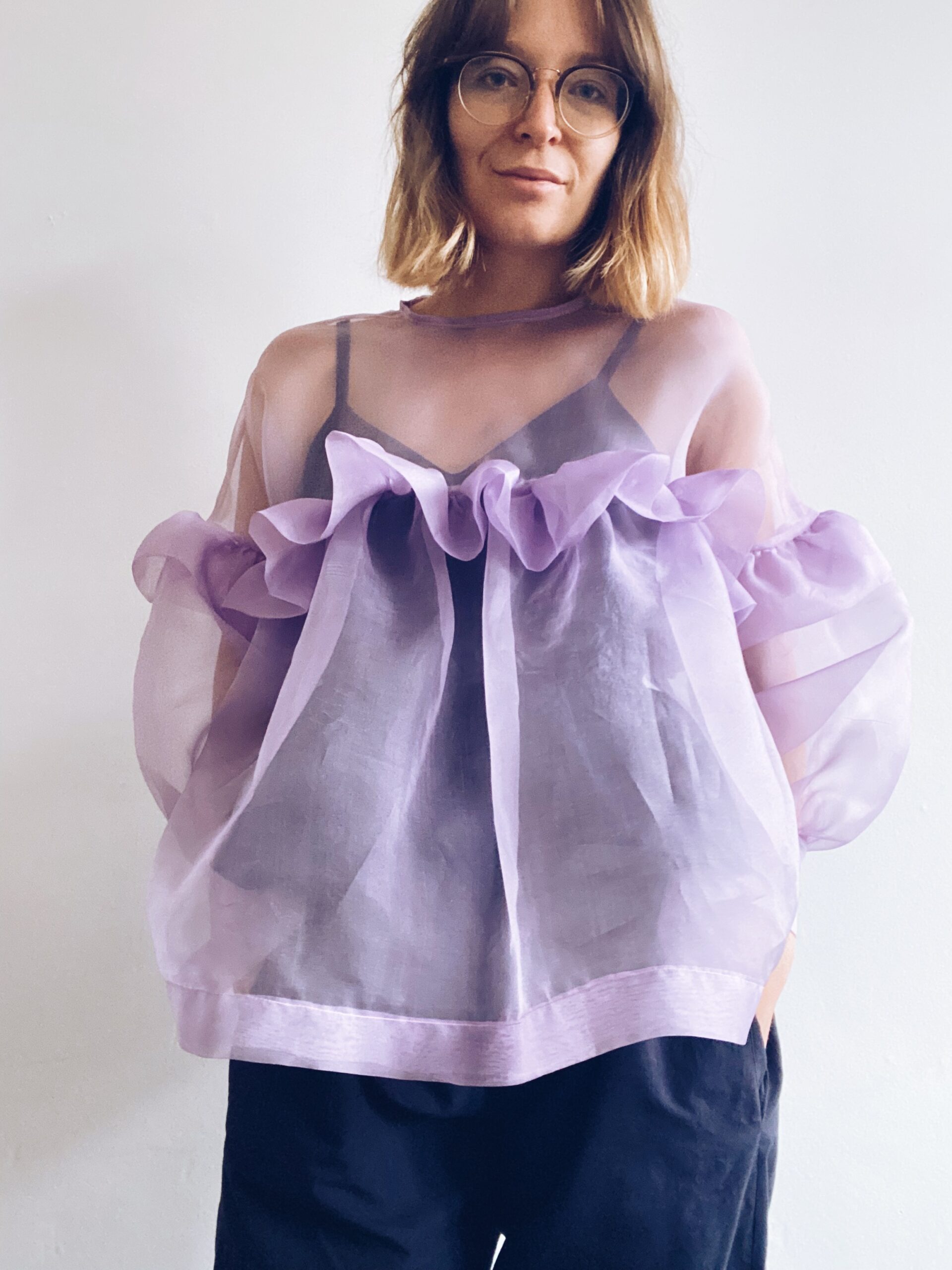 lilac organic silk ruffle blouse