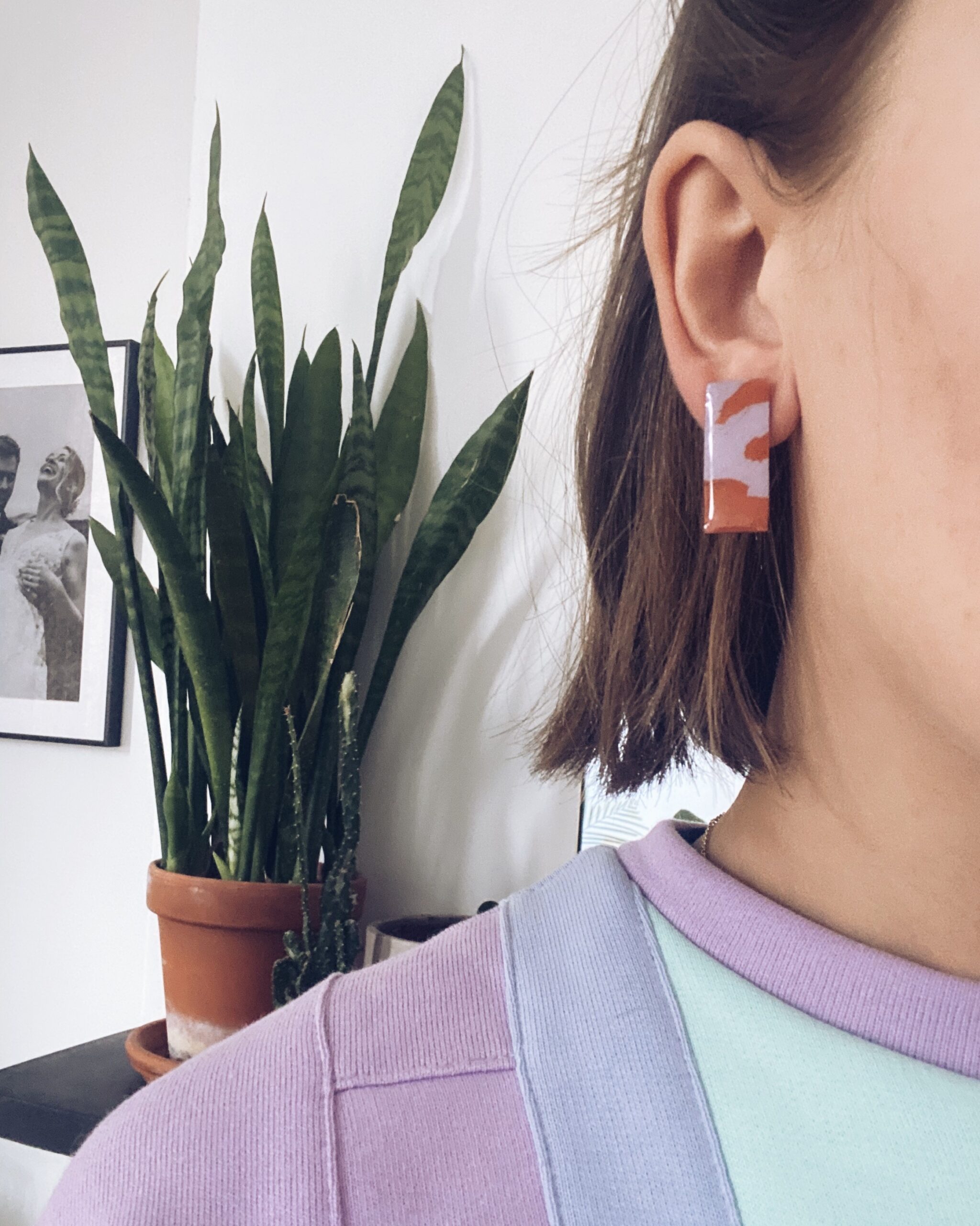 hand painted lilac and orange rectangular earring with eco-resin enamel overlay