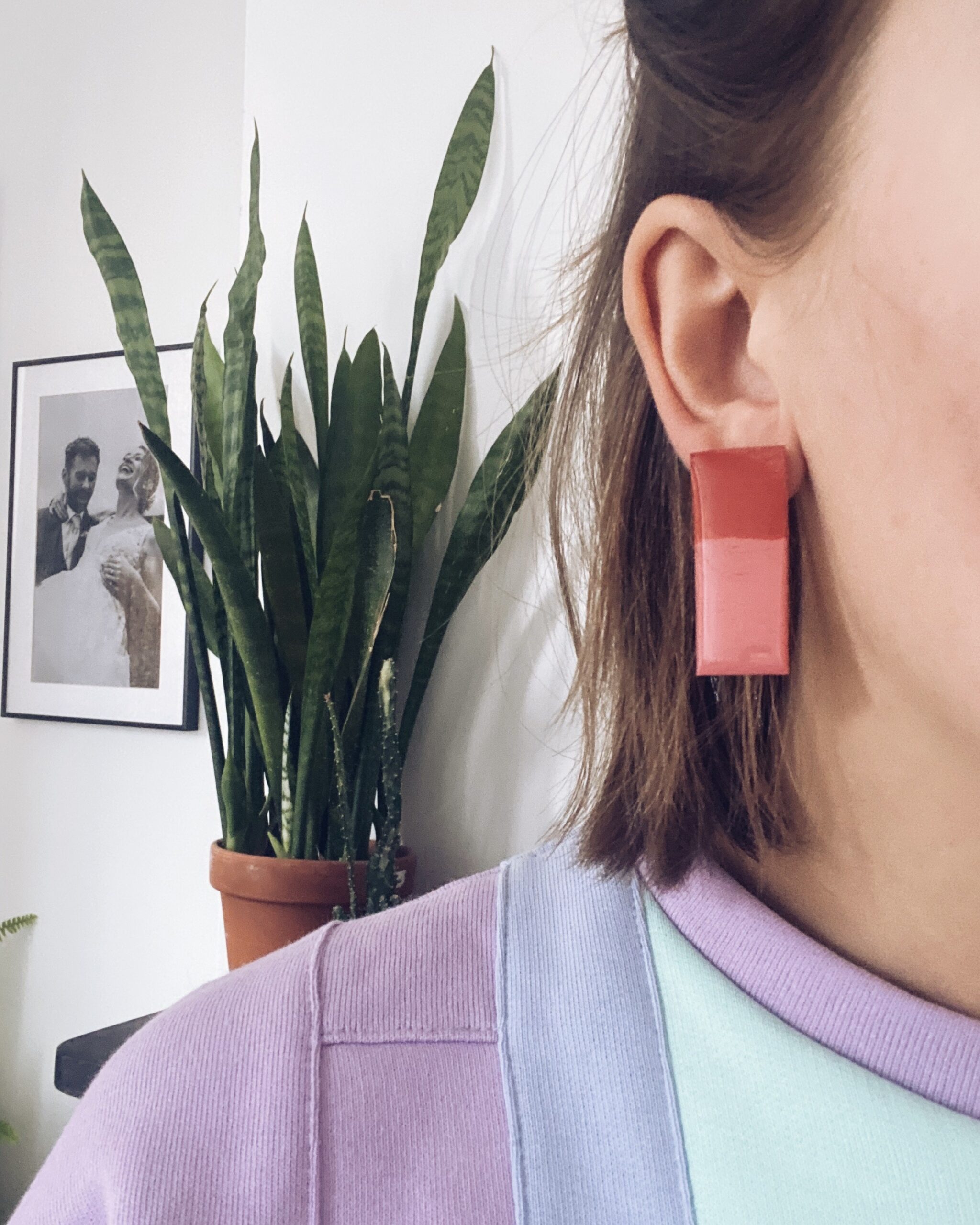 hand painted colour block earrings in pink and orange