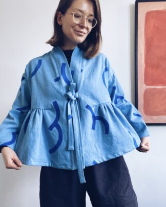 blue hand painted ruffle jacket in hemp and organic cotton