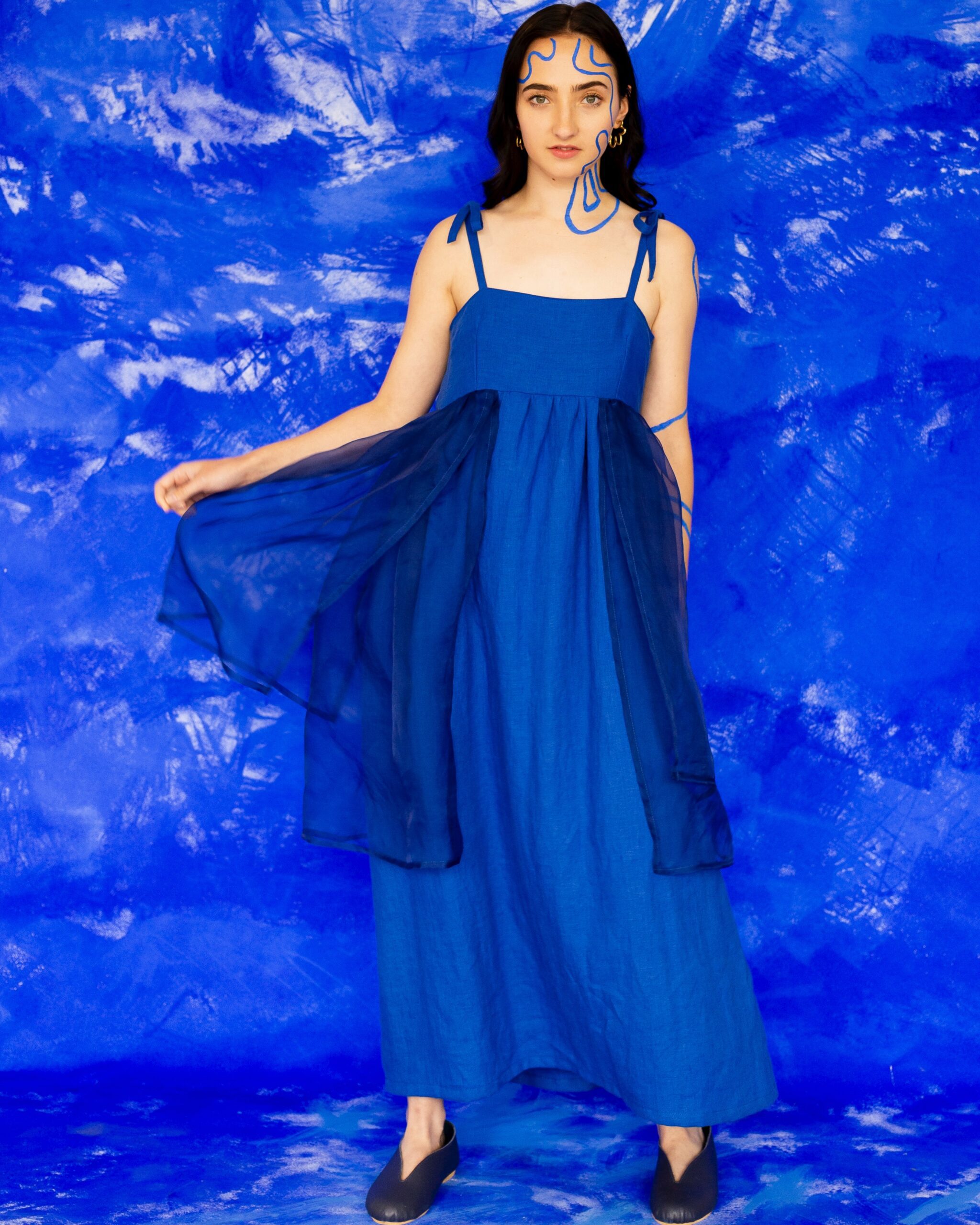 Molly dress in cobalt blue organic silk and European linen